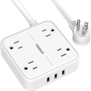 Flat Plug Power Bar with 3 USB Ports, 5 Feet Extension Cord Indoor, TESSAN 4 Widely Spaced Outlet Extender